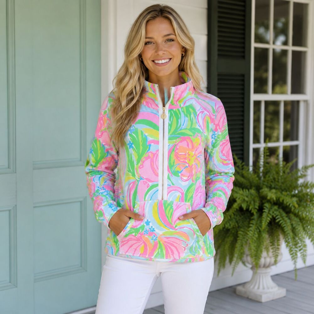 Lilly Pulitzer Skipper Popover M So A Peeling Floral Quarter Zip Pullover Pink